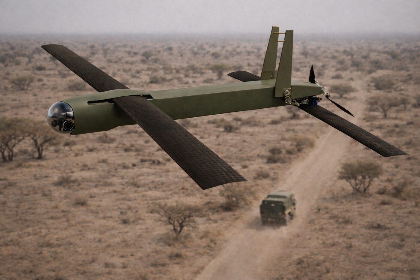 Representative tube-launched loitering munition in flight, wings deployed