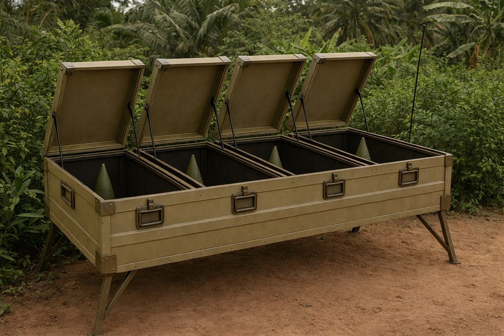 Four-cell Umbra launcher crate emplaced in roadside scrub, lids open on its rounds (representative render)